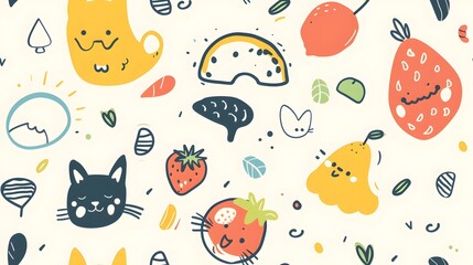 Whimsical Cartoon Pattern with Cute Animals and Nature Elements