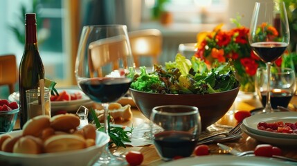 colorful festive table setting with food wine glasses and salad bowl dinner party scene