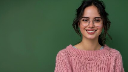 Fototapeta premium Portrait of a cheerful young woman with glasses, wearing a pink sweater, smiling against a green background. This image is ideal for lifestyle, fashion, and casual concepts. AI