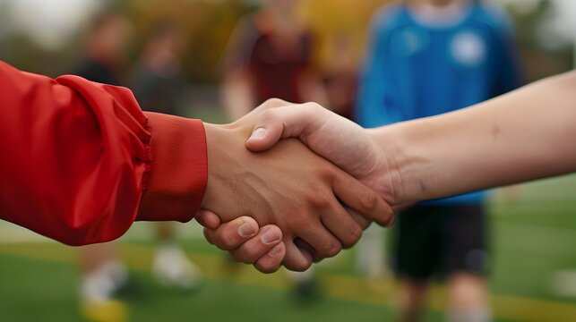 Footballers Shaking Hands Before the Big Match on the Pitch
