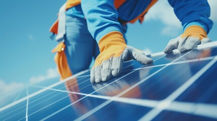 Professional technician working on solar panel installation, rooftop view, renewable energy technology, promoting eco-friendly energy solutions, sustainability, and green living concepts