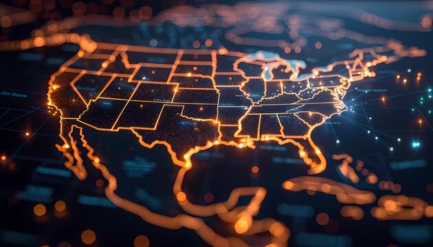 Education Sector Blockchain Applications, map of educational institutions in North America with blockchain symbols, credential verification, academic transparency.