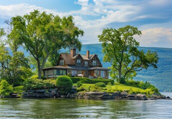 Obraz premium A beautiful house on the shore of the lake overlooking a picturesque island with trees and green grass, with a blue sky and calm waters Generative AI