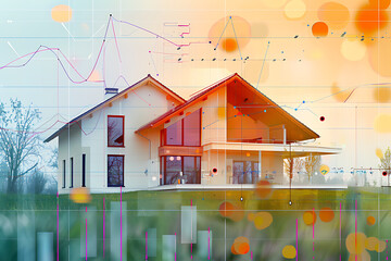 Modern house with overlaid financial charts and graphs. Concept of real estate market, property value, investment, mortgage, housing, and home equity.