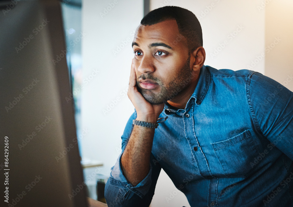 Poster businessman, computer and bored or tired in office with stress, feeling lazy and work burnout at nig