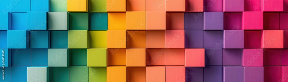 Poster vibrant 3d cubes in a rainbow gradient, creating a colorful geometric background perfect for digital