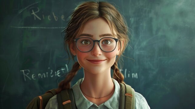 Smiling student with braided hair and glasses stands confidently in front of a chalkboard in a classroom setting. Digital illustration showcasing education theme, youth, and learning atmosphere. AI