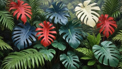Lush green tropical plants bush (monstera, palm, rubber plant, pine and fern), background, pattern