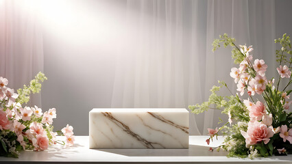 Background podium 3D spring flower product beauty pink display nature. 3D podium stand background scene floral mockup cosmetic white blossom summer abstract shadow platform minimal design render stage