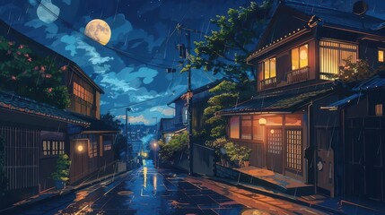 Fototapeta premium cozy tokyo street with traditional japanese houses at night lofi anime art style illustration