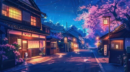 Fototapeta premium cozy tokyo street with traditional japanese houses at night lofi anime art style illustration