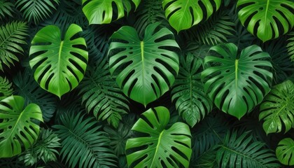 Lush green tropical plants bush (monstera, palm, rubber plant, pine and fern), background, pattern