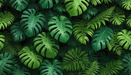 Lush green tropical plants bush (monstera, palm, rubber plant, pine and fern), background, pattern