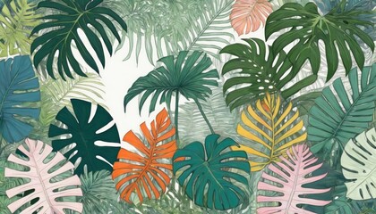 Lush green tropical plants bush (monstera, palm, rubber plant, pine and fern), background, pattern