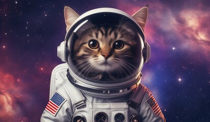 An astronaut cat in a white suit on a rocky planet with a starry sky and a nebula in the background.