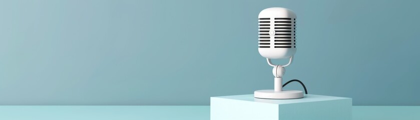 Vintage microphone on a pastel podium with a blue background, symbolizing broadcasting, podcast, or voice recording in a retro style.