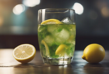 an iced glass of soda with lemon and green tea