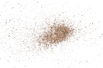 Black ground pepper scattered, spice flying isolated on white, clipping path