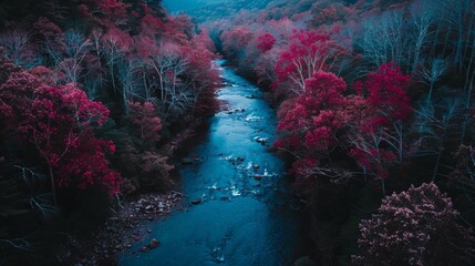 Naklejka premium Aerial View of a Mountain Stream Surrounded by Vibrant Pink and Orange Trees in Autumn Forest