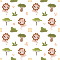 Nursery seamless pattern digital illustration with baby lion, plants and sun on color background. Hand drawing. Perfect for kids apparel, fabric, textile, nursery decoration, wrapping paper and print.