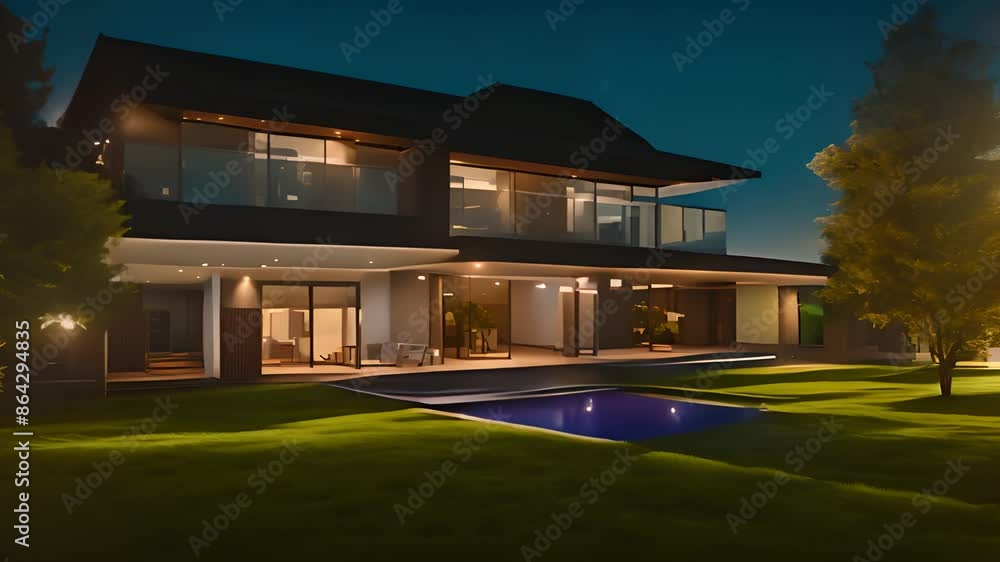 Poster modern home with pool at dusk generative ai