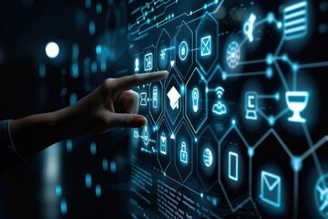 A hand is pointing to a digital interface technology