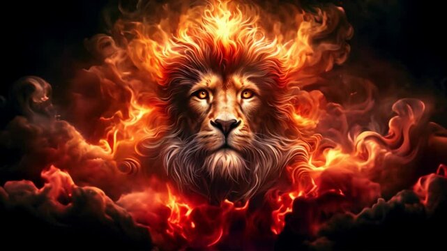 Majestic lion king in fire, 4k animation