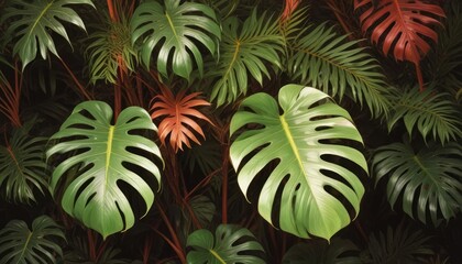Naklejka premium Lush green tropical plants bush (monstera, palm, rubber plant, pine and fern), background, pattern