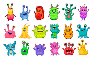 Obraz premium Big set of cartoon monsters. Cute monsters. Kids funny character design for posters, cards., magazins.