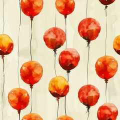 watercolor red orange yellow balloons, on vintage background, seamless repeating pattern, minimal pattern, high contrasty 