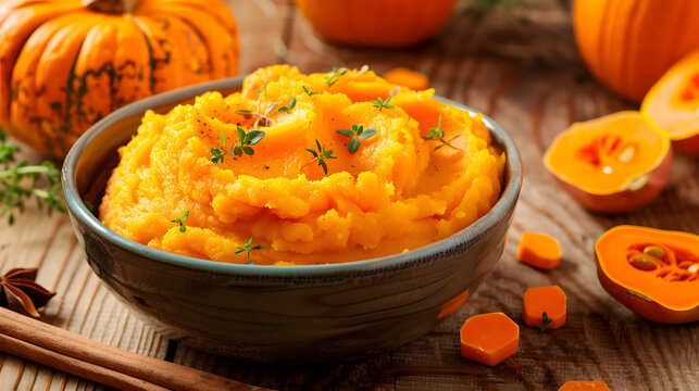 Yummy yellow mashed pumpkin in a bowl on a wooden plate 