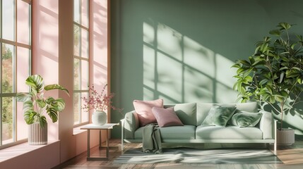 dusty pink and green harmony modern living room interior with comfortable sofa and large windows 3d render