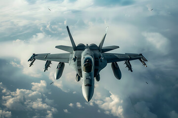 Modern fighter jet soaring through a cloudy sky, showcasing its power and agility during a military exercise or airshow.