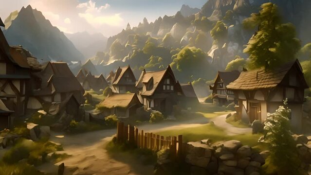 Medieval Village in the Mountains at Sunset Generative AI