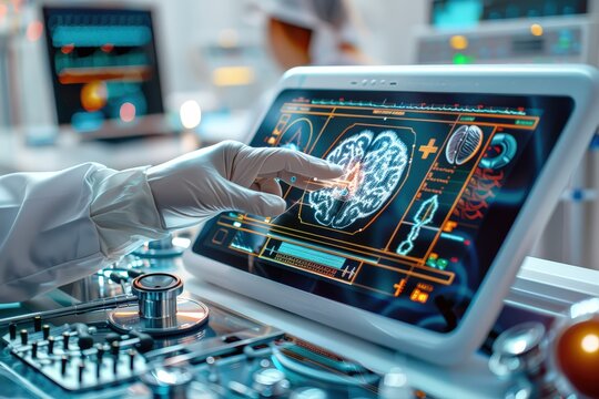 A doctor wearing gloves analyzes a detailed brain scan on a high-tech touchscreen in a modern medical facility.