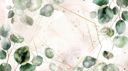 elegant botanical frame golden geometric border with watercolor eucalyptus leaves blending modern and natural elements mixed media illustration