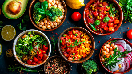 Fototapeta premium Healthy and colorful salad with mixed greens, cherry tomatoes, radishes, and cucumbers on a white plate, offering a fresh and vibrant meal