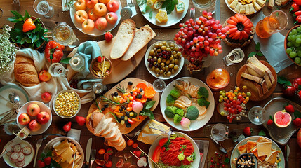 Fototapeta premium An abundant spread of various fresh and colorful foods on a table, including fruits, vegetables, cheese, bread, and other gourmet items, ideal for a festive meal