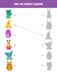 Find correct shadow of cute monsters. Educational logical game for kids. Halloween game. Space creature. Colorful worksheet. 