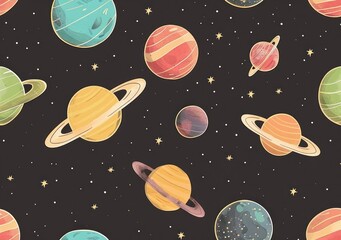 Colorful planets and saturns seamless pattern on black background for spacethemed travel and fashion designs