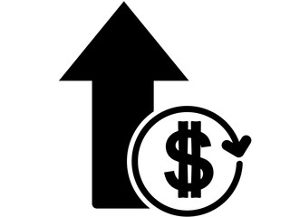 money coin increase icon, vector design. Icon, sign or symbol. Consisting of coins, round circles, dollars and upward arrows. Concept of financial progress, economy, shares or salary.