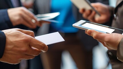 Close-up of hands exchanging business cards during a corporate meeting with digital tablets and laptops in the background