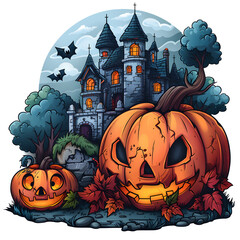 Fototapeta premium A Halloween scene with a castle and two pumpkins