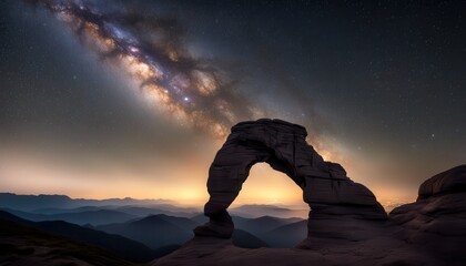 Stunning night sky with the Milky Way galaxy above a rocky arch formation in a desert landscape, capturing the beauty of the universe.