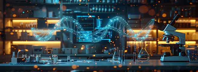 A microscope in a biological laboratory, with a DNA symbol symbolizing scientific analysis and research in chemistry and biology.