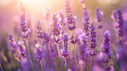 Fototapeta premium Lavender flowers bathed in soft, golden sunlight create a serene atmosphere. The vibrant purple hues are contrasted perfectly by the light.