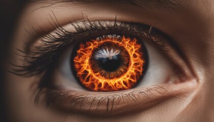 Close up of a human eye with a fiery iris, creating a dramatic and intense visual effect. The vibrant orange colors evoke a sense of energy.