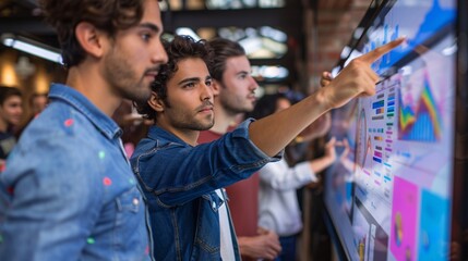 Fototapeta premium Hands collaborating on a digital whiteboard with business diagrams during a team meeting