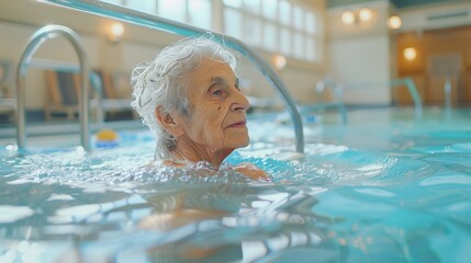 Elderly women doing exercise on the indoor pool of a nursing home. senior movement and recreation, never too old for working out. Generative ai