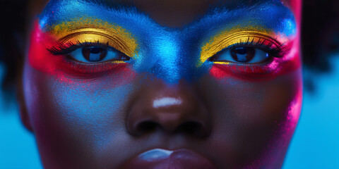 Closeup of a woman's face with colorful makeup.
